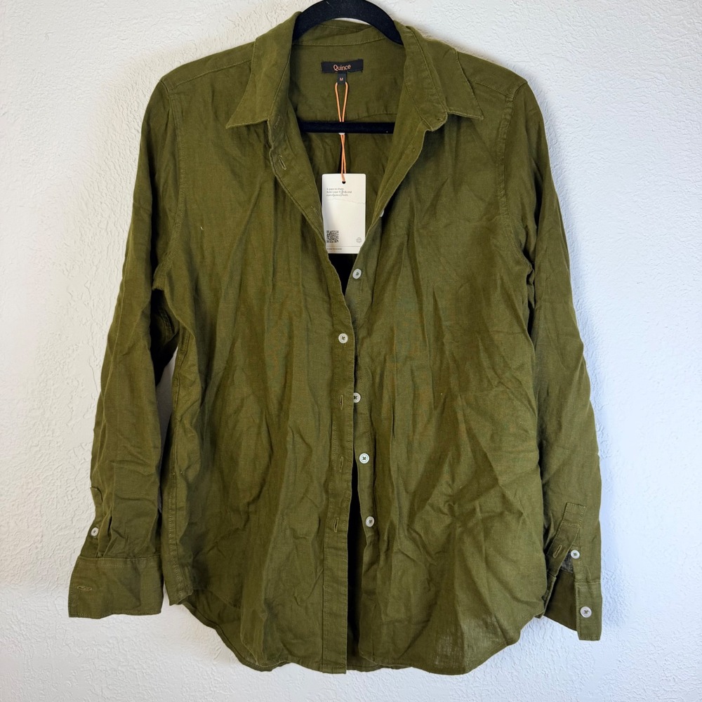 NEW Quince Women's M 100% European Linen Long Sleeve Shirt Martini Olive Green